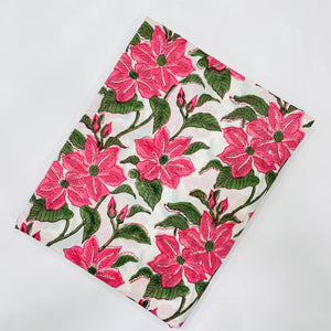 Pink and Green Sanganeri Hand Block Printed Cotton Fabric with floral print