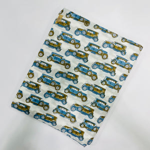 Blue and Brown Sanganeri Hand Block Printed Cotton Fabric with vintage car print