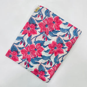 Blue and Pink Sanganeri Hand Block Printed Cotton Fabric with floral print