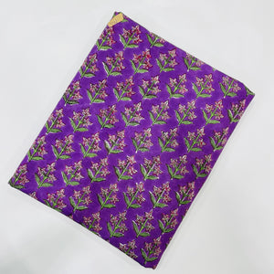 Purple and Pink Sanganeri Hand Block Printed Cotton Fabric with floral print