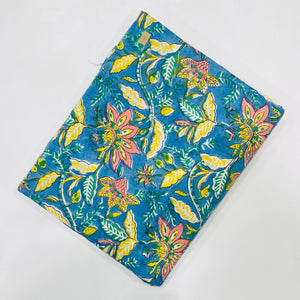 Blue and Yellow Sanganeri Hand Block Printed Cotton Fabric with floral print