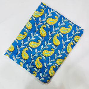 Blue and Yellow Sanganeri Hand Block Printed Cotton Fabric with paisley print