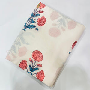 Peach and White Sanganeri Hand Block Printed Cotton Fabric with floral print