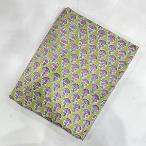 Green and Pink Sanganeri Hand Block Printed Pure Cotton Fabric with floral design