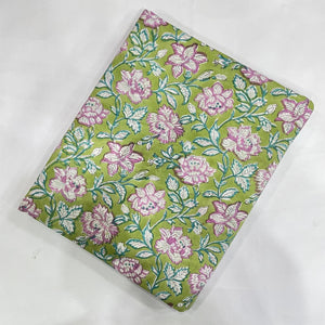 Green and Pink Sanganeri Hand Block Printed Pure Cotton Fabric with floral design