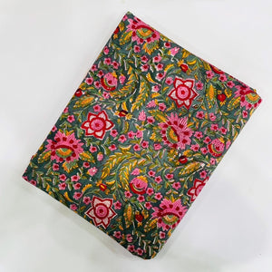 Green and Red Sanganeri Hand Block Printed Pure Cotton Fabric with floral design