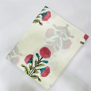 Green and Pink Sanganeri Hand Block Printed Pure Cotton Fabric with floral design