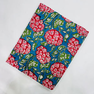 Blue and Red Sanganeri Hand Block Printed Pure Cotton Fabric with floral design