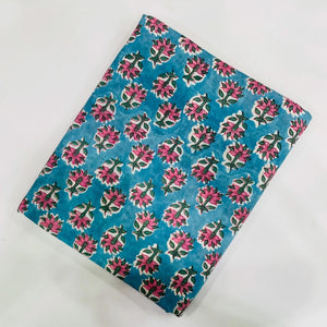 Blue and Red Sanganeri Hand Block Printed Pure Cotton Fabric with floral design