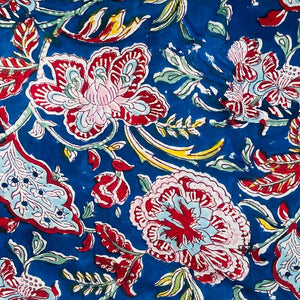 Blue and Red Sanganeri Hand Block Printed Pure Cotton Fabric with floral print