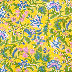 Yellow and Green Sanganeri Hand Block Printed Pure Cotton Fabric with floral print