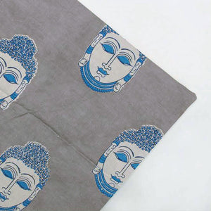 Blue and Grey Dabu Indigo Hand Block Printed Pure Cotton Fabric with buddha face design