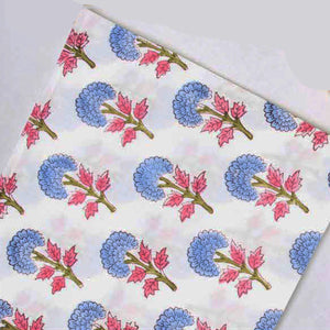 Blue and Pink Sanganeri Hand Block Printed Pure Cotton Fabric with floral design