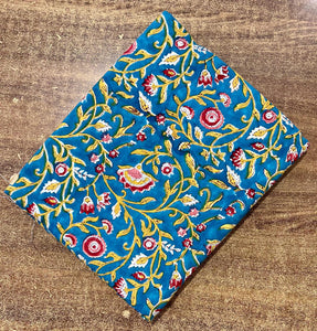 Blue and Yellow Sanganeri Hand Block Printed Pure Cotton Fabric with floral print
