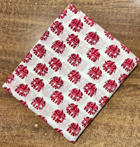 Red and White Sanganeri Hand Block Printed Pure Cotton Fabric with elephant print