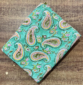 Green and Yellow Sanganeri Hand Block Printed Pure Cotton Fabric with paisley print
