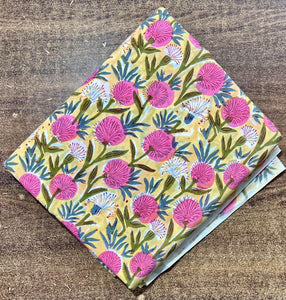 Pink and Yellow Sanganeri Hand Block Printed Pure Cotton Fabric with floral print