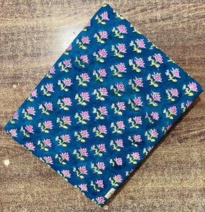 Blue and Pink Sanganeri Hand Block Printed Cotton Fabric with floral print