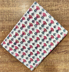 Pink and White Sanganeri Hand Block Printed Cotton Fabric with floral print