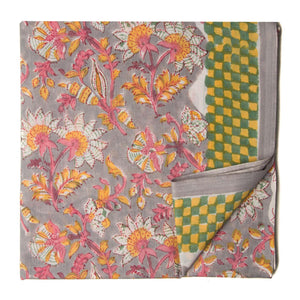 Grey and yellow Sanganeri Hand Block Printed Cotton Fabric with floral print