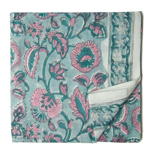 Blue and pink Sanganeri Hand Block Printed Cotton Fabric with floral print