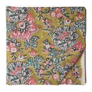 Green and peach Sanganeri Hand Block Printed Cotton Fabric with floral print