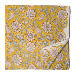 Yellow and white Sanganeri Hand Block Printed Cotton Fabric with floral print