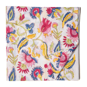 Pink and yellow Sanganeri Hand Block Printed Cotton Fabric with floral print