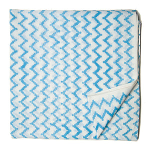 White and blue Sanganeri Hand Block Printed Cotton Fabric with zigzag print