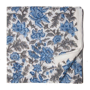 Blue and Grey Sanganeri Hand Block Printed Cotton Fabric with floral design