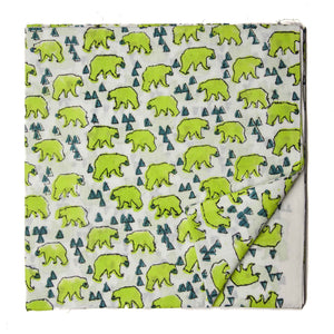 Green and White Sanganeri Hand Block Printed Cotton Fabric with animal design