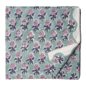 Blue and Pink Sanganeri Hand Block Printed Cotton Fabric with floral design