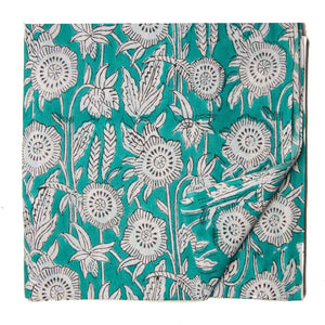 Green and White Sanganeri Hand Block Printed Cotton Fabric with floral design