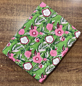 Green and Pink Sanganeri Hand Block Printed Cotton Fabric with floral print