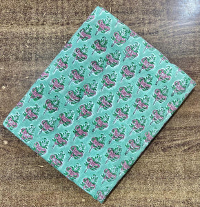 Green and Pink Sanganeri Handblock Pure Cotton Fabric with floral design
