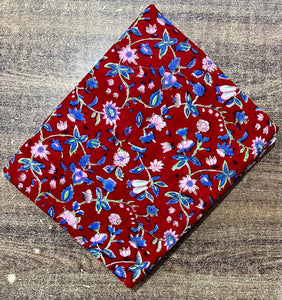 Red and Blue Sanganeri Handblock Pure Cotton Fabric with floral design