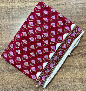 Pink and Maroon Sanganeri Handblock Pure Cotton Fabric with floral design