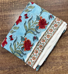 Blue and Red Sanganeri Handblock Pure Cotton Fabric with floral design