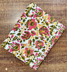 Pink and Green Sanganeri Handblock Pure Cotton Fabric with floral design