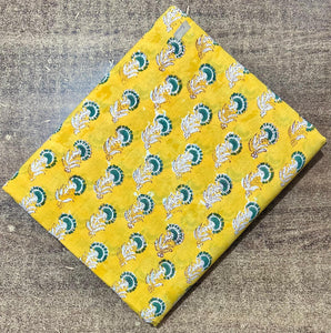 Yellow and Green Sanganeri Hand Block Printed Pure Cotton Fabric with floral print
