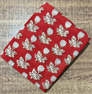 Red and Off white Sanganeri Hand Block Printed Pure Cotton Fabric with floral print