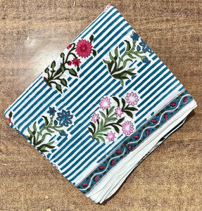 Blue and White Sanganeri Hand Block Printed Pure Cotton Fabric with floral print