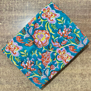 Blue and Orange Sanganeri Hand Block Printed Pure Cotton Fabric with floral print