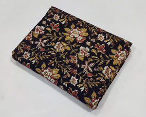 Black and Yellow Bagru Hand Block Printed Pure Cotton Fabric with Floral print