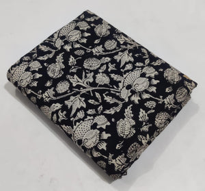 Black and Off White Bagru Hand Block Printed Pure Cotton Fabric with Floral print