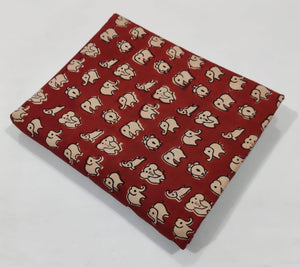 Red and Off white Bagru Hand Block Printed Pure Cotton Fabric with elephant print