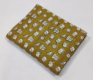 Yellow and Off white Bagru Hand Block Printed Pure Cotton Fabric with elephant print
