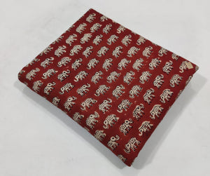 Red and Off white Bagru Hand Block Printed Pure Cotton Fabric with elephant print