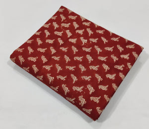 Red and Off white Bagru Hand Block Printed Pure Cotton Fabric with bird print