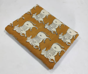 Yellow and Off white Bagru Hand Block Printed Pure Cotton Fabric with Bull print